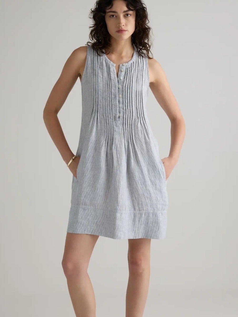 Quince Light Blue Striped Sleeveless Mini Dress